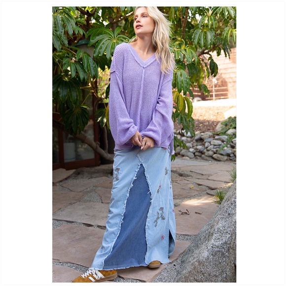 FLOWER CHILD Bohemian Long Denim Maxi Skirt - Picture 14 of 15